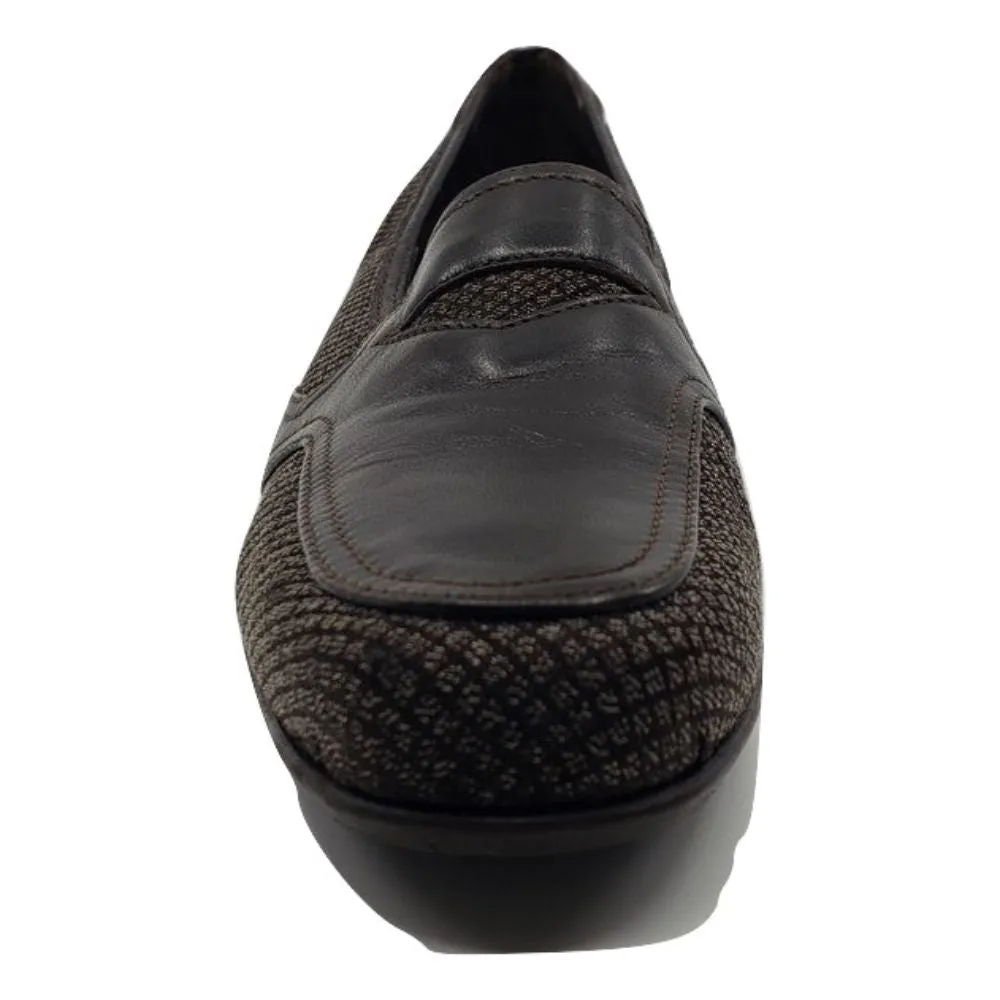 Navy Nappa Chocolate Fabric and Leather Prevata Wedge Pumps