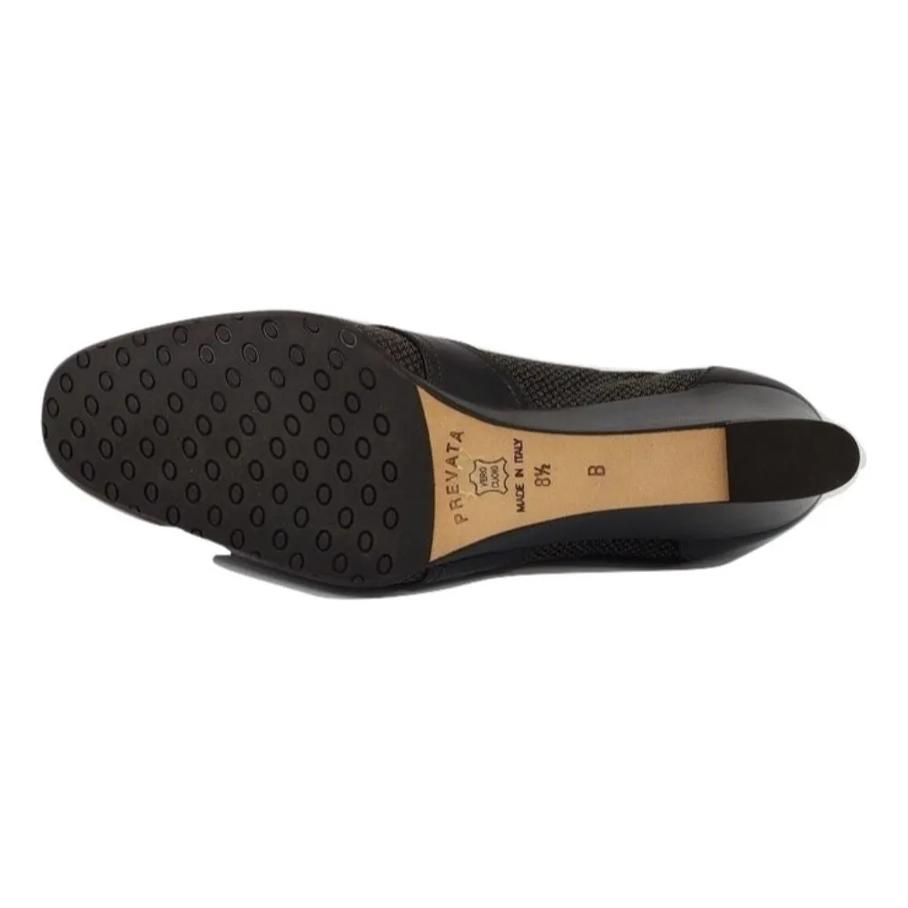 Navy Nappa Chocolate Fabric and Leather Prevata Wedge Pumps