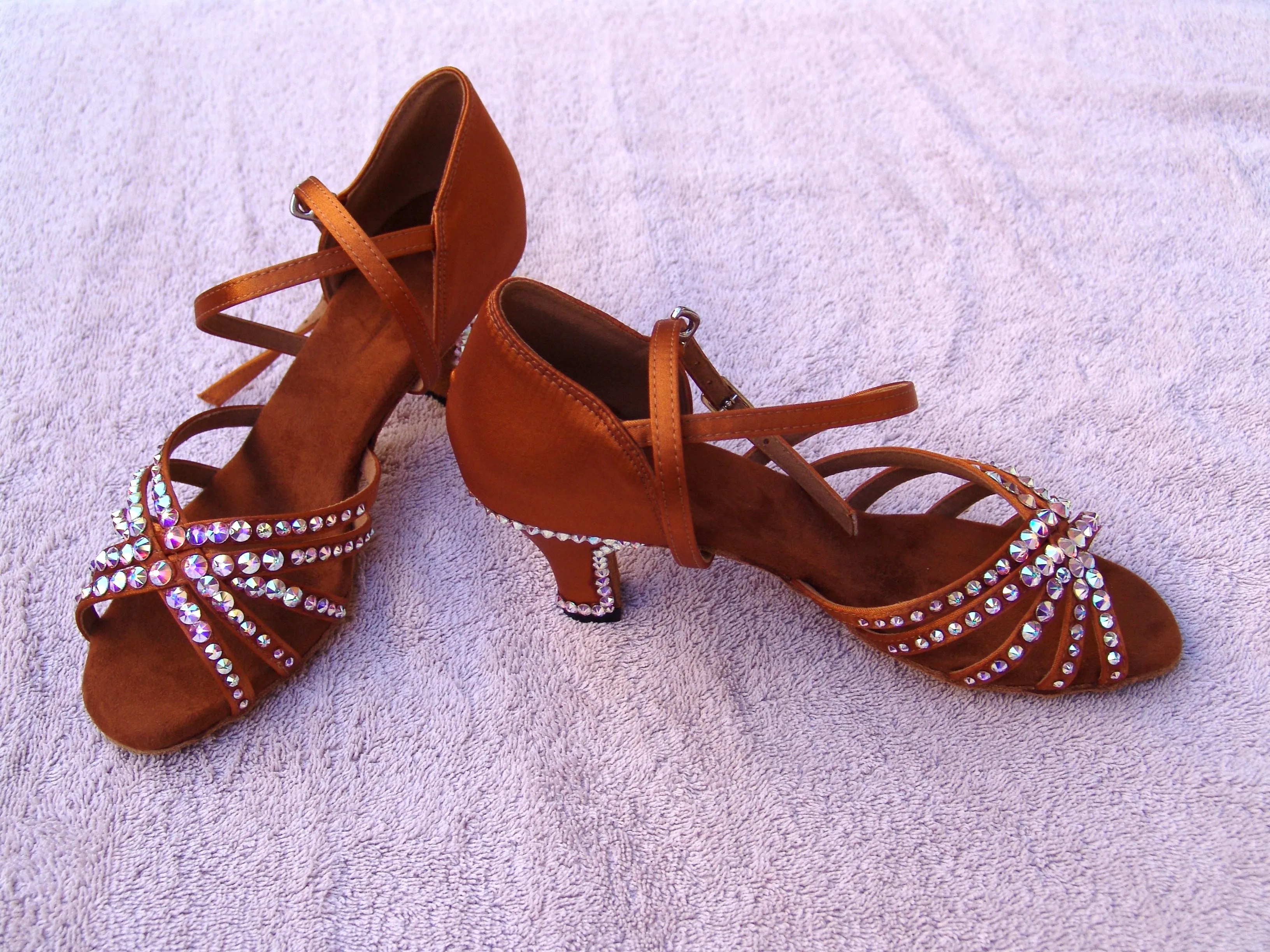 NUG - "JOANNA" STONED DARK TAN SATIN LATIN SHOE - AURORA BOREALIS CRYSTAL