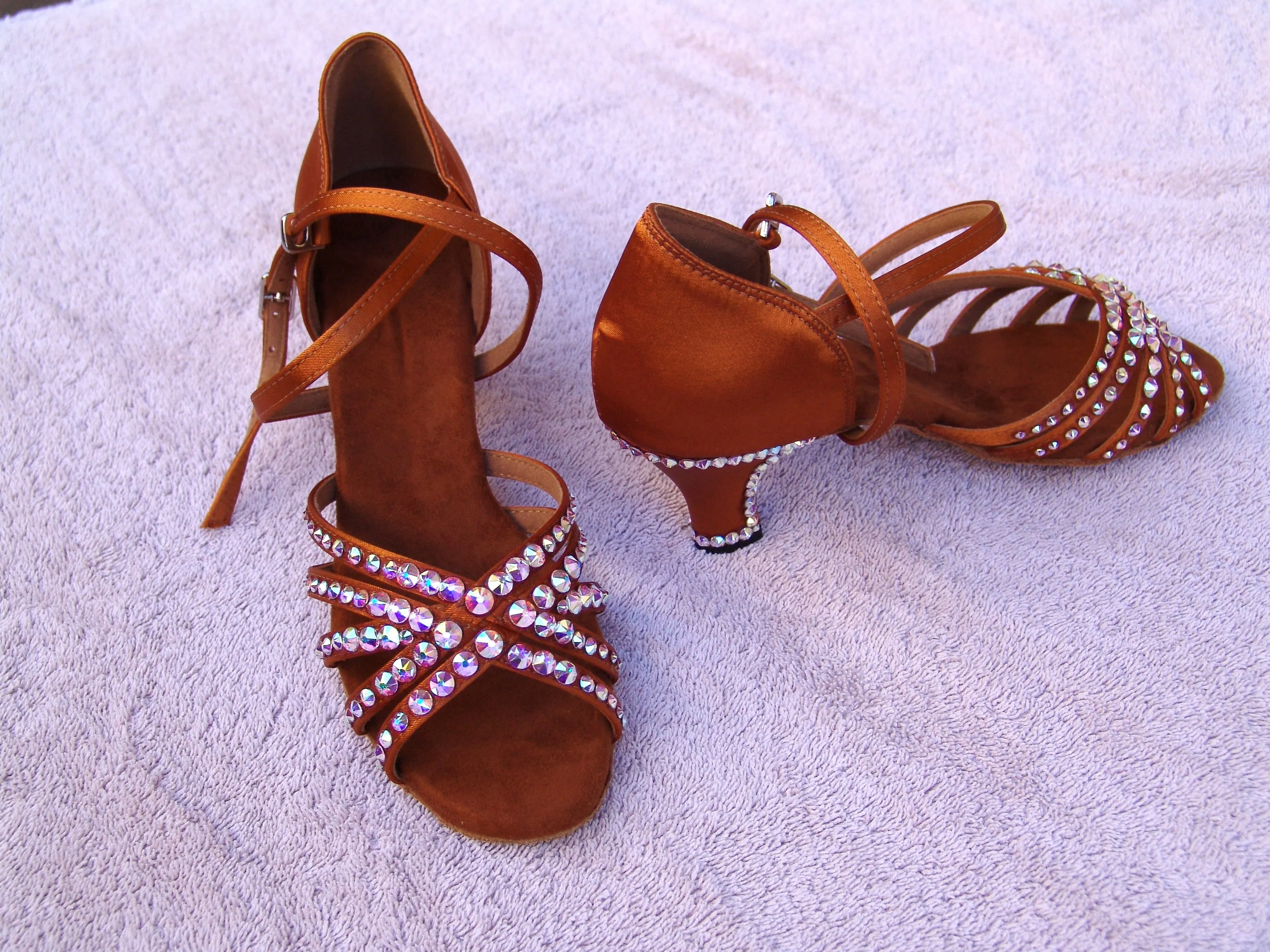 NUG - "JOANNA" STONED DARK TAN SATIN LATIN SHOE - AURORA BOREALIS CRYSTAL