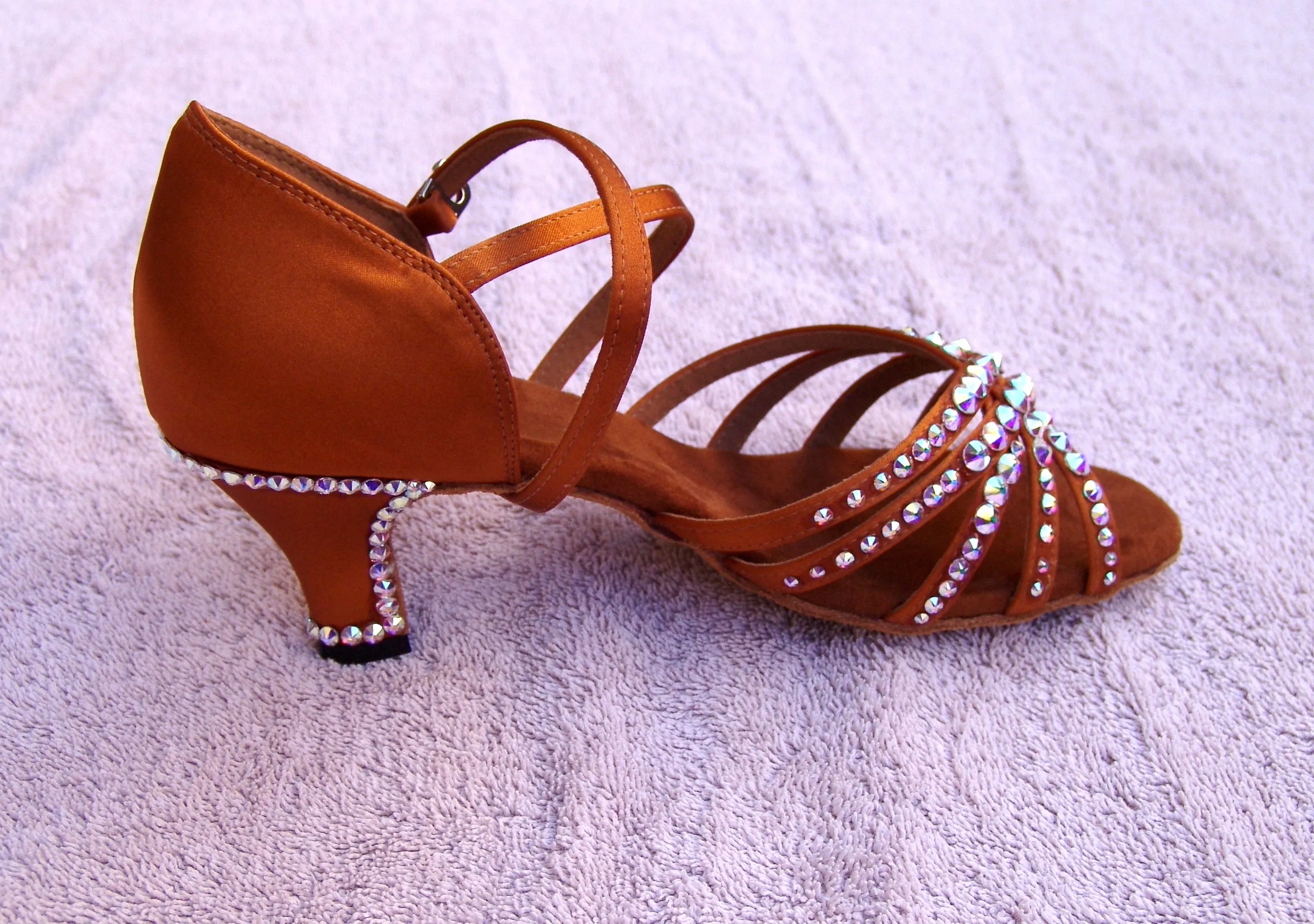 NUG - "JOANNA" STONED DARK TAN SATIN LATIN SHOE - AURORA BOREALIS CRYSTAL