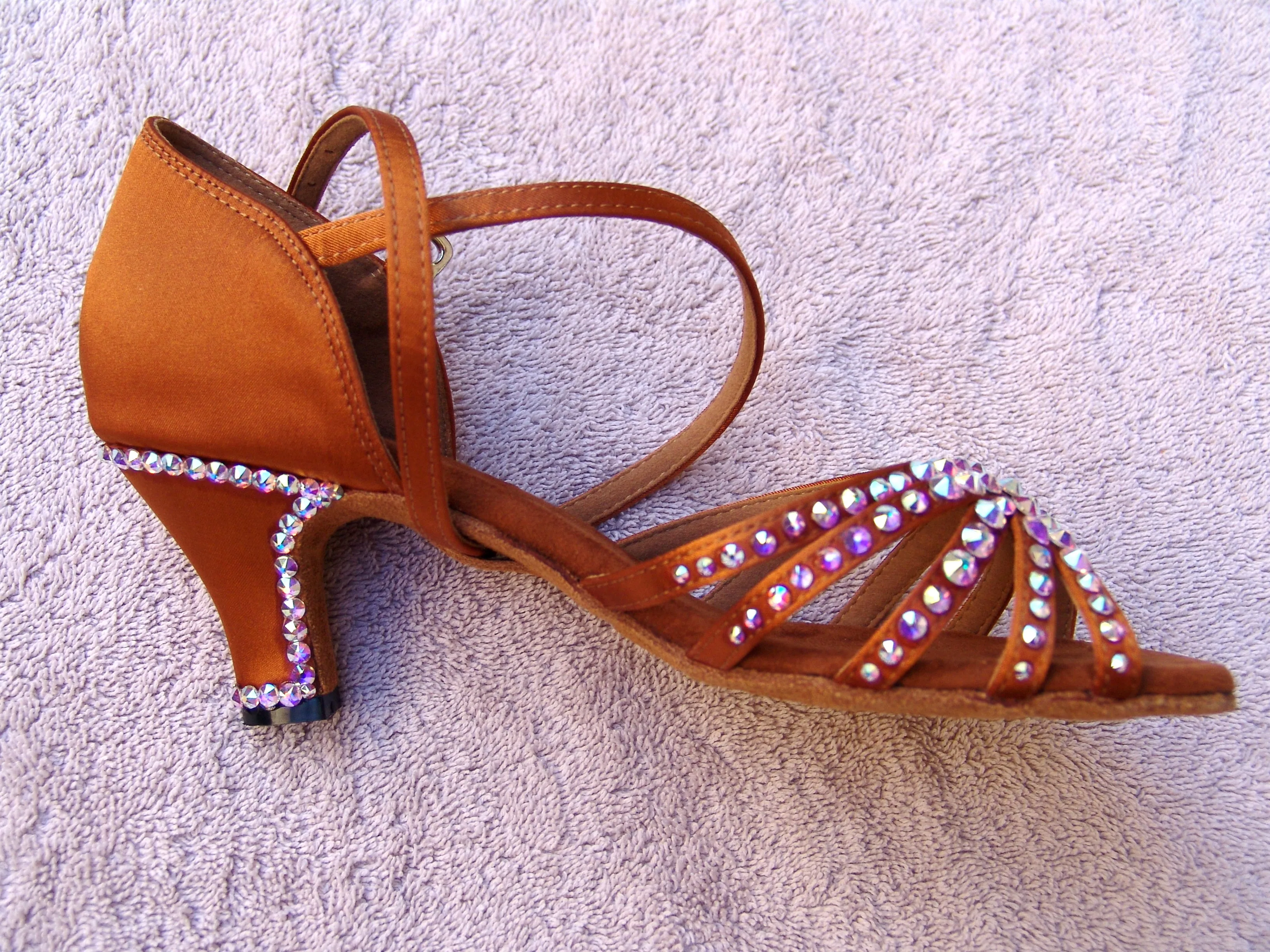 NUG - "JOANNA" STONED DARK TAN SATIN LATIN SHOE - AURORA BOREALIS CRYSTAL