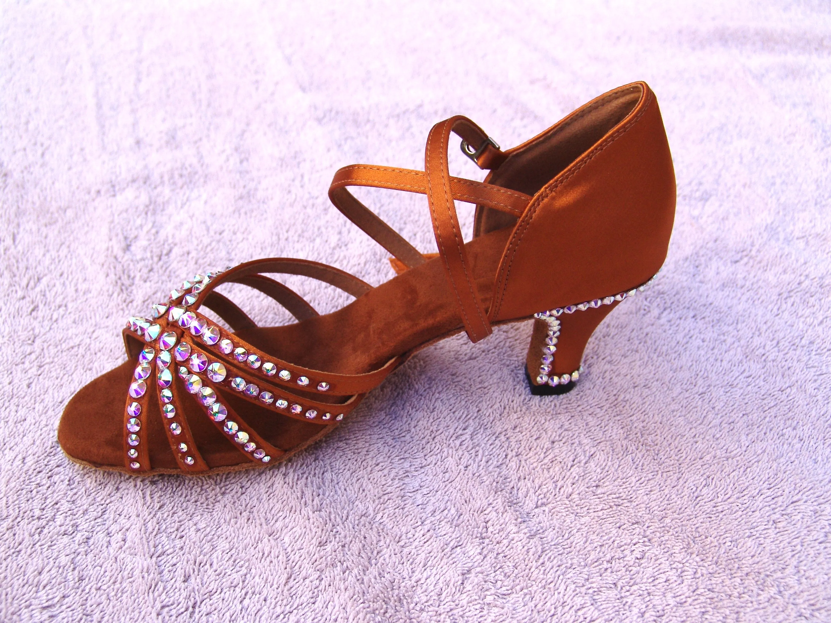 NUG - "JOANNA" STONED DARK TAN SATIN LATIN SHOE - AURORA BOREALIS CRYSTAL
