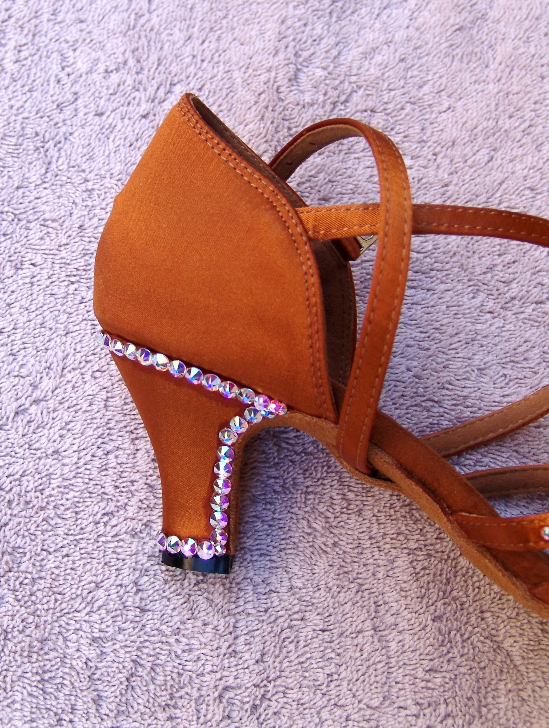 NUG - "JOANNA" STONED DARK TAN SATIN LATIN SHOE - AURORA BOREALIS CRYSTAL