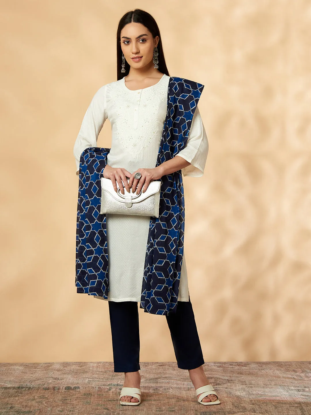 Off-White Embroidered Straight Kurta Set