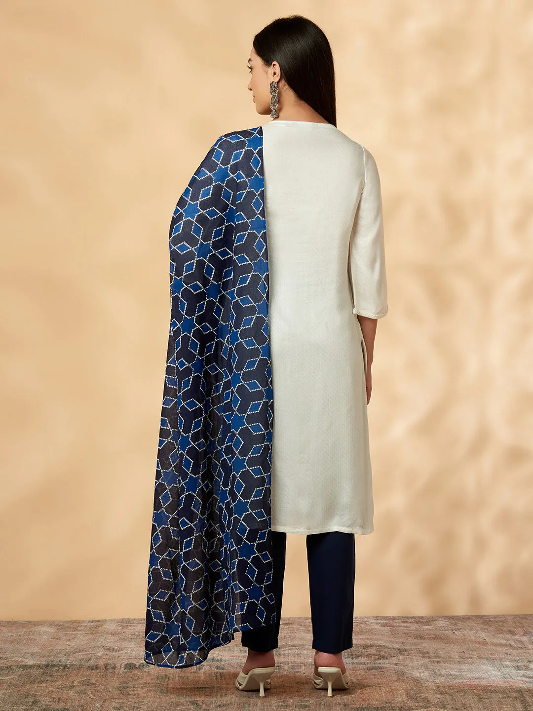 Off-White Embroidered Straight Kurta Set