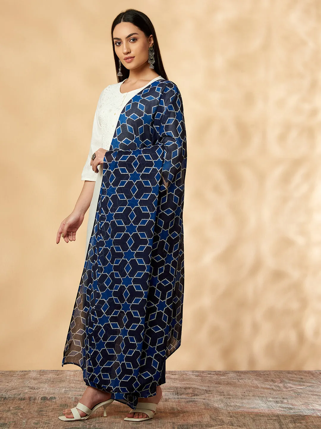 Off-White Embroidered Straight Kurta Set