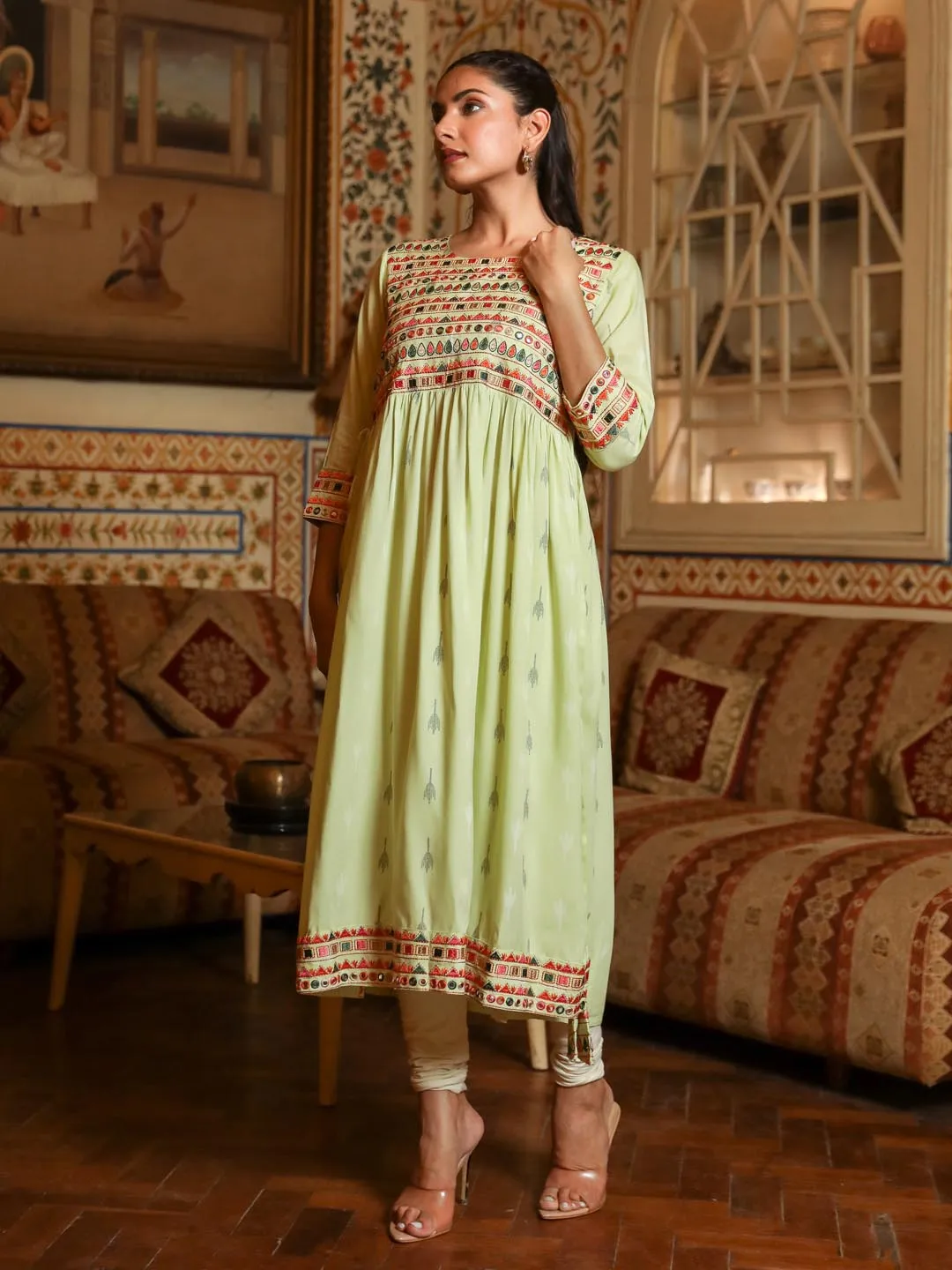 Parrot Green Embellished Kurta