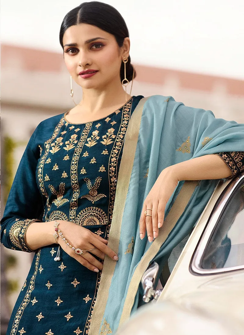 Peacock Blue Embroidered Pakistani Pant Suit