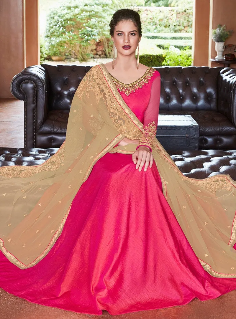 Pink And Beige Embroidered Flared Anarkali Suit