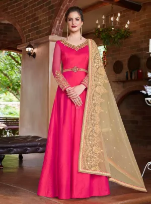 Pink And Beige Embroidered Flared Anarkali Suit