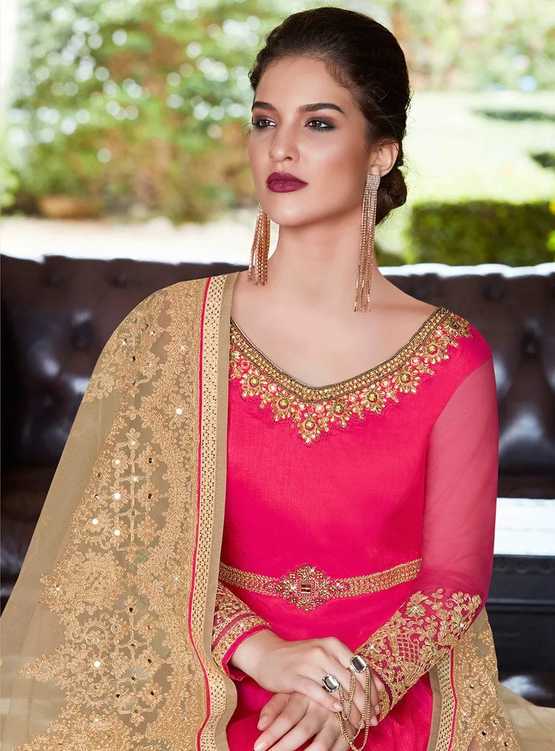 Pink And Beige Embroidered Flared Anarkali Suit