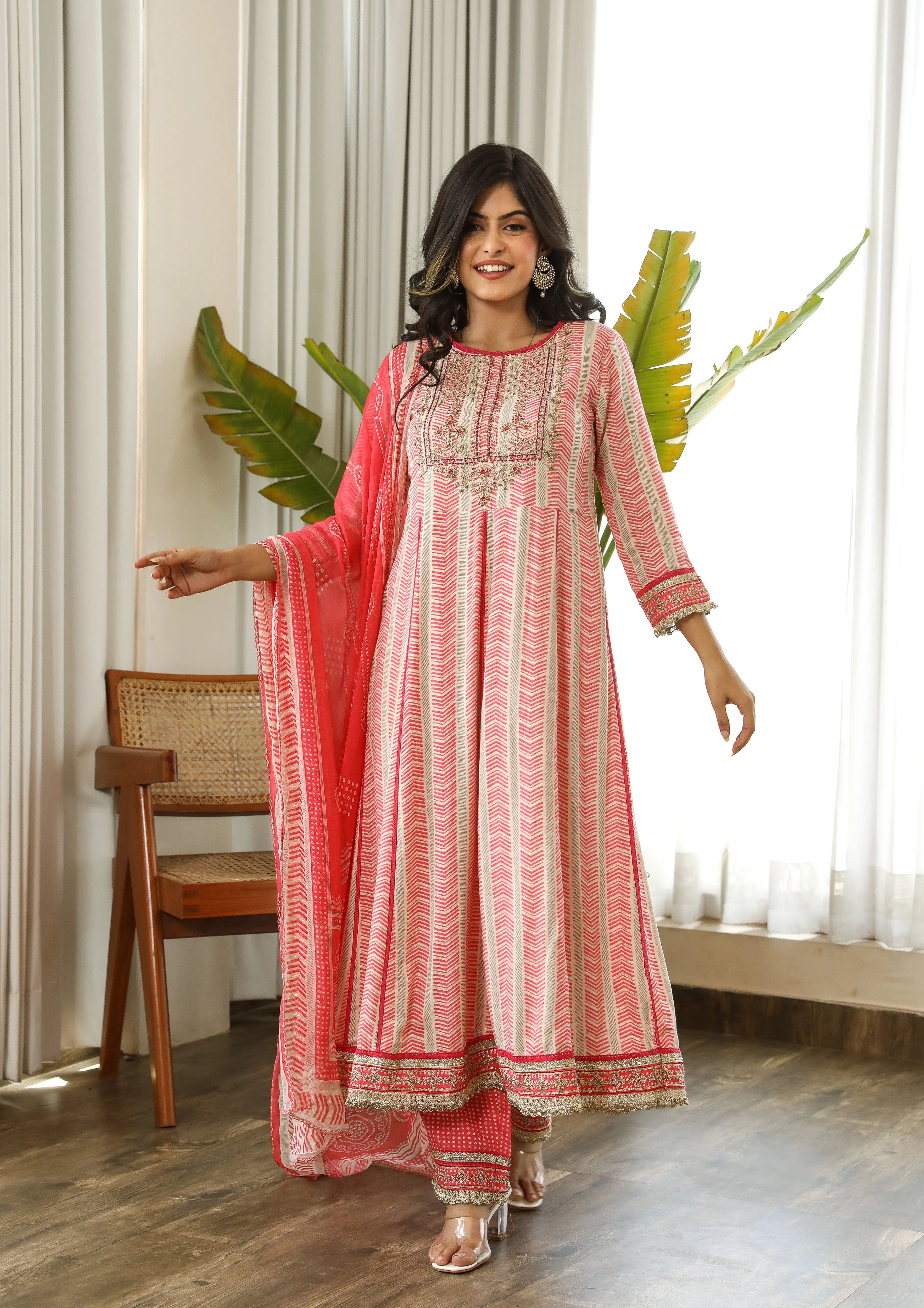 Pink Color Rayon Anarkali Women's Kurta Palazzo and Dupatta Set
