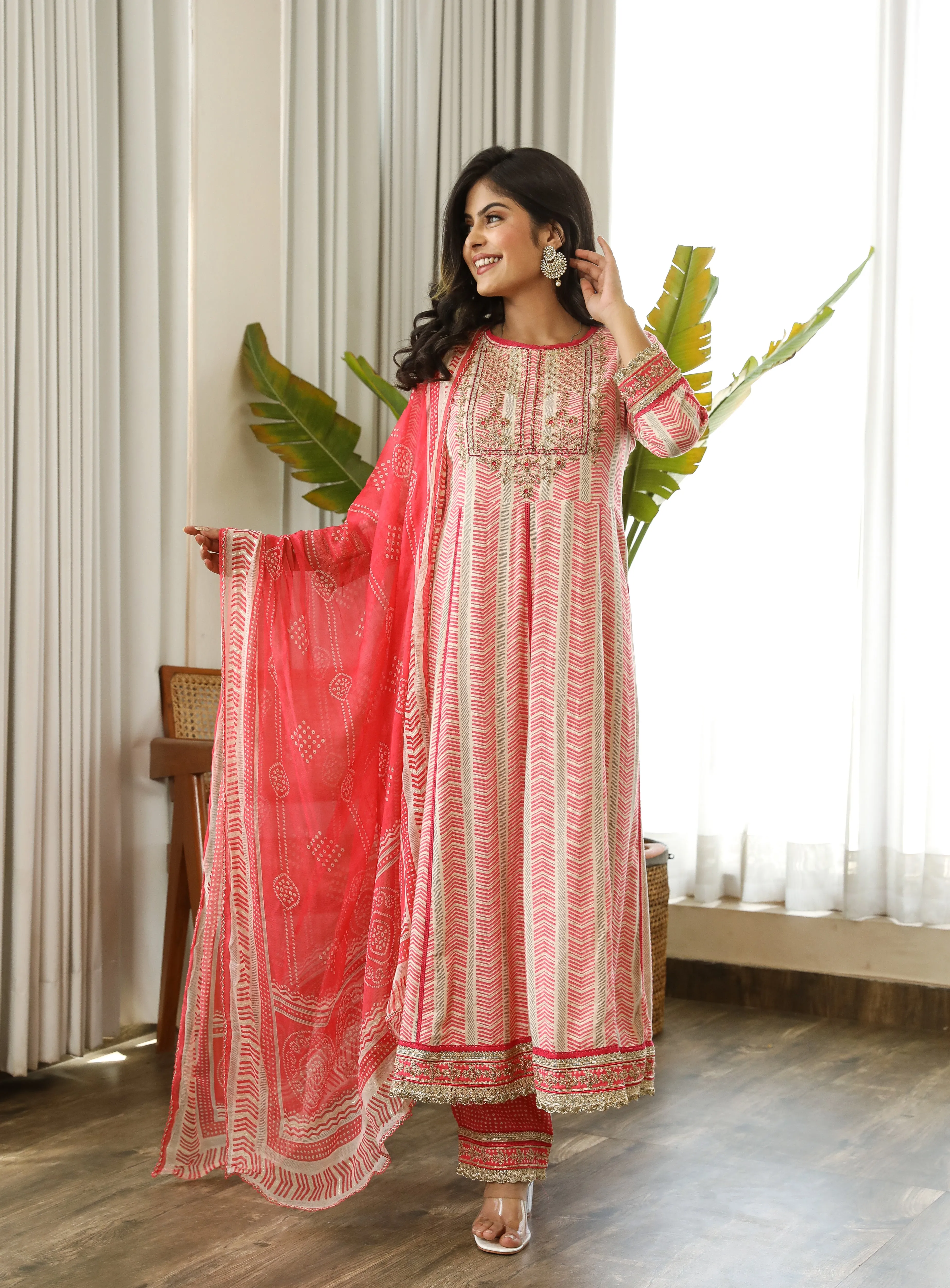 Pink Color Rayon Anarkali Women's Kurta Palazzo and Dupatta Set