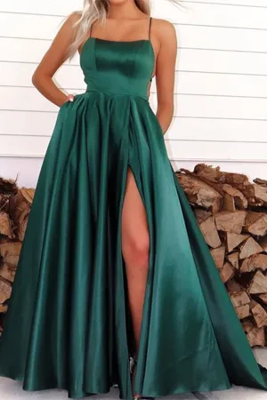 Promfast Chic A line Spaghetti Straps Dark Green Scoop Prom Dress Satin Evening Split Dress PFP2210