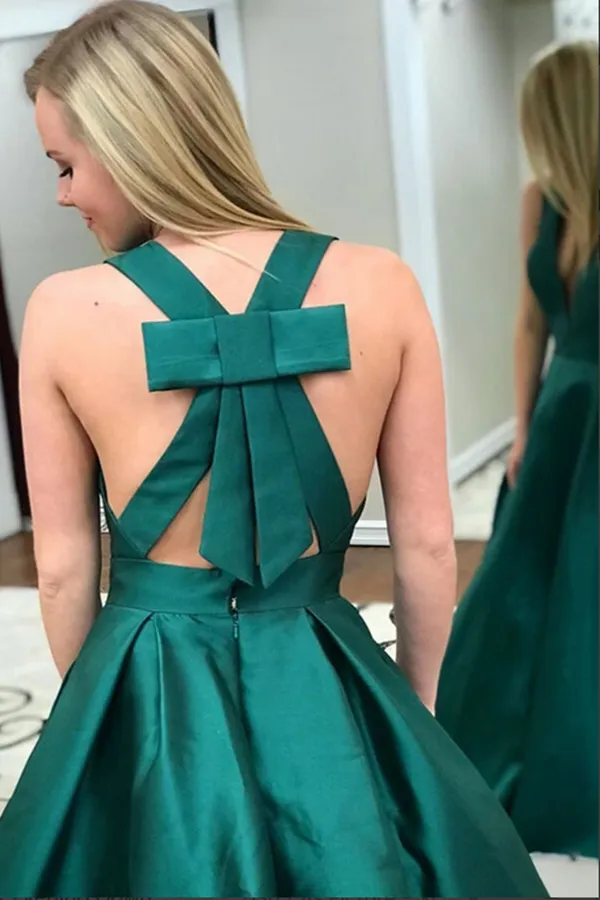 Promfast Dark Green Satin A Line V Neck Prom Dresses With Pockets, Evening Gown PFP2130