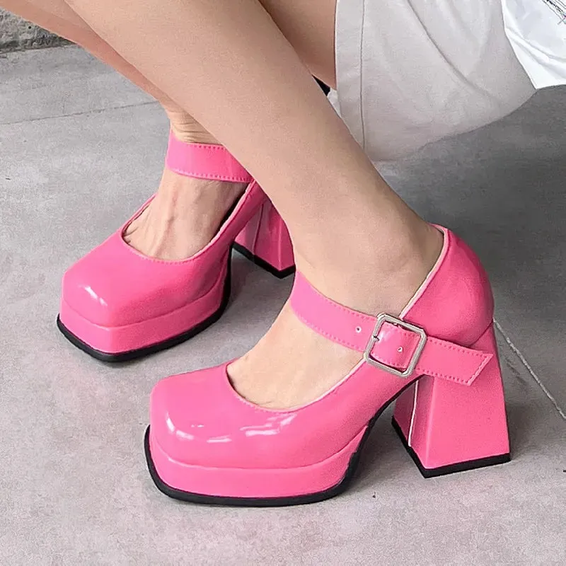 Purpdrank - Pink Black Red Heeled Women Pumps Mary Janes Shoes Square Toe White High Heels Female Working Party Dance Shoes 2023 Spring