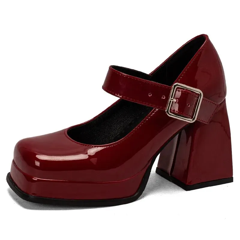 Purpdrank - Pink Black Red Heeled Women Pumps Mary Janes Shoes Square Toe White High Heels Female Working Party Dance Shoes 2023 Spring
