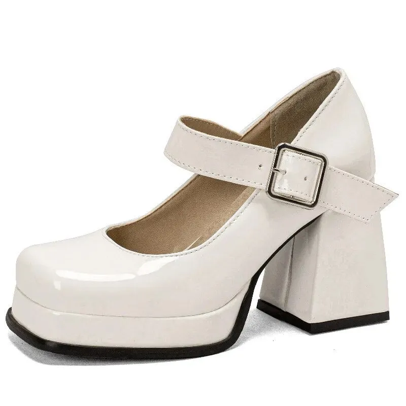 Purpdrank - Pink Black Red Heeled Women Pumps Mary Janes Shoes Square Toe White High Heels Female Working Party Dance Shoes 2023 Spring