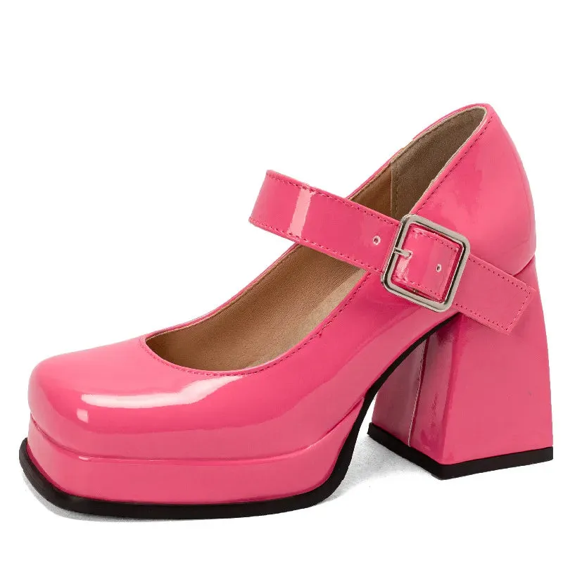 Purpdrank - Pink Black Red Heeled Women Pumps Mary Janes Shoes Square Toe White High Heels Female Working Party Dance Shoes 2023 Spring