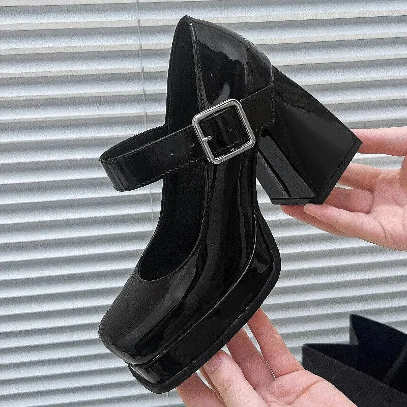 Purpdrank - Pink Black Red Heeled Women Pumps Mary Janes Shoes Square Toe White High Heels Female Working Party Dance Shoes 2023 Spring