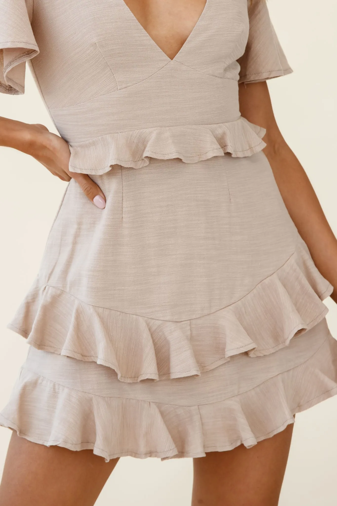 Queenie Angel Sleeve Ruffle Trim Dress Mocha