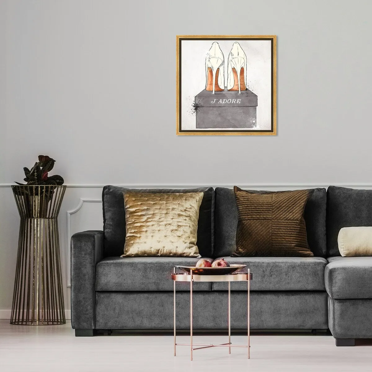 "J'Adore Shoes", Glam French Stilettos Modern White Framed Canvas Wall Art Print for Bedroom