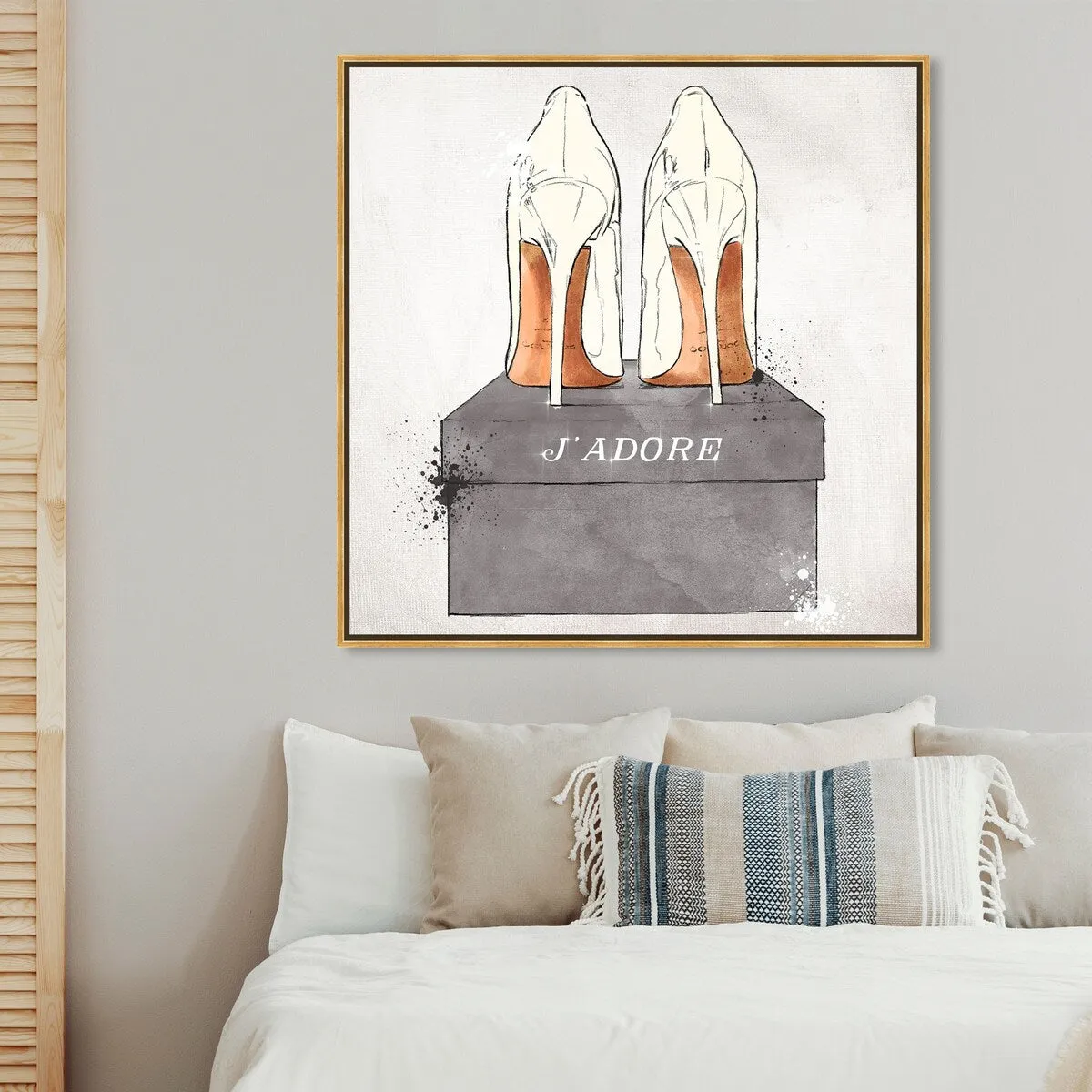"J'Adore Shoes", Glam French Stilettos Modern White Framed Canvas Wall Art Print for Bedroom