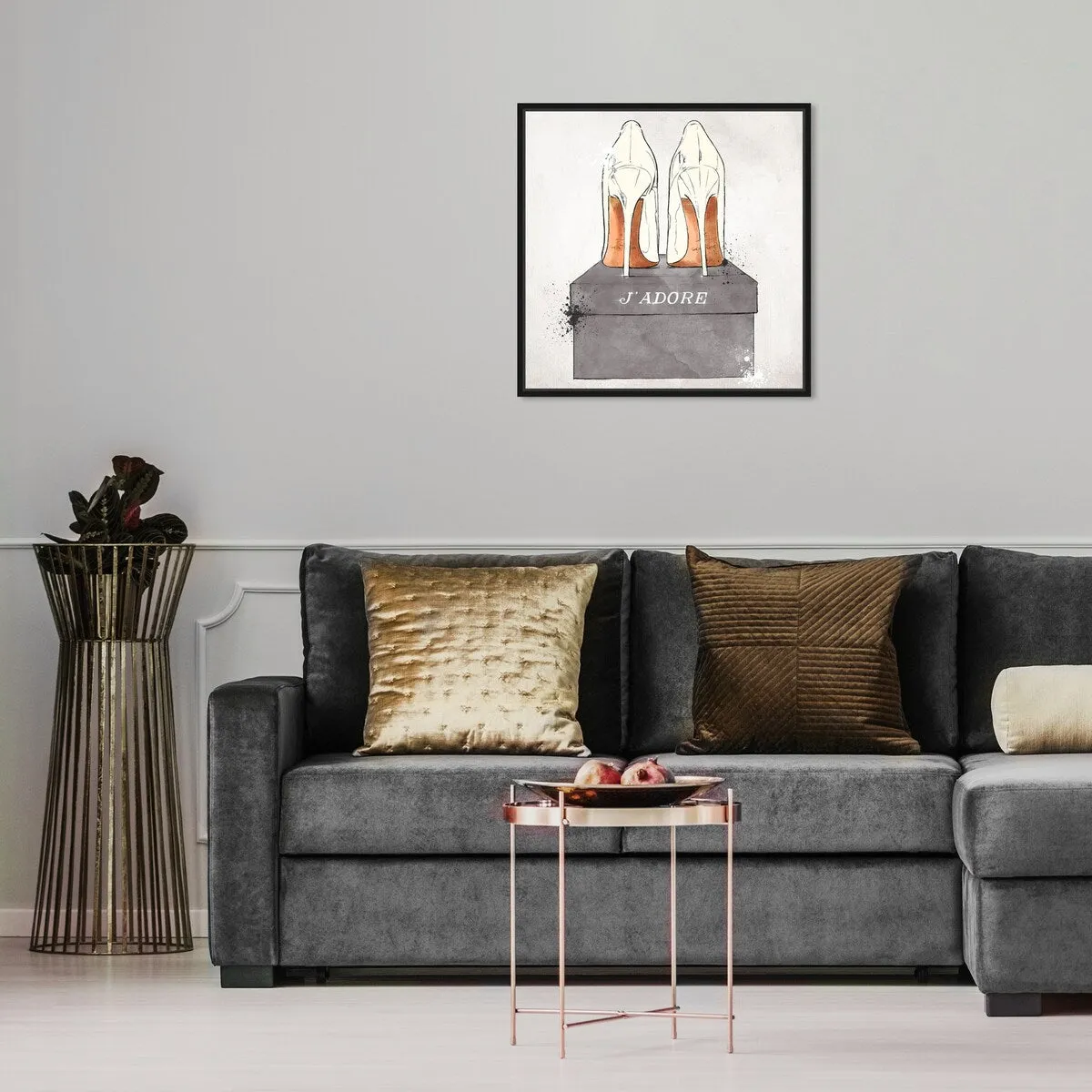 "J'Adore Shoes", Glam French Stilettos Modern White Framed Canvas Wall Art Print for Bedroom