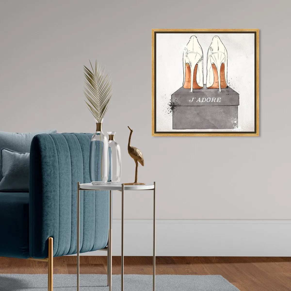 "J'Adore Shoes", Glam French Stilettos Modern White Framed Canvas Wall Art Print for Bedroom