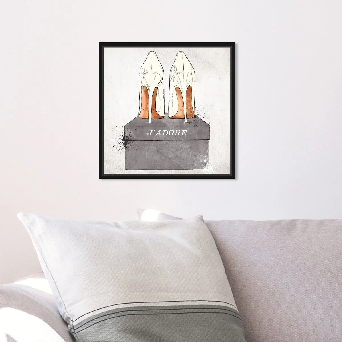 "J'Adore Shoes", Glam French Stilettos Modern White Framed Canvas Wall Art Print for Bedroom