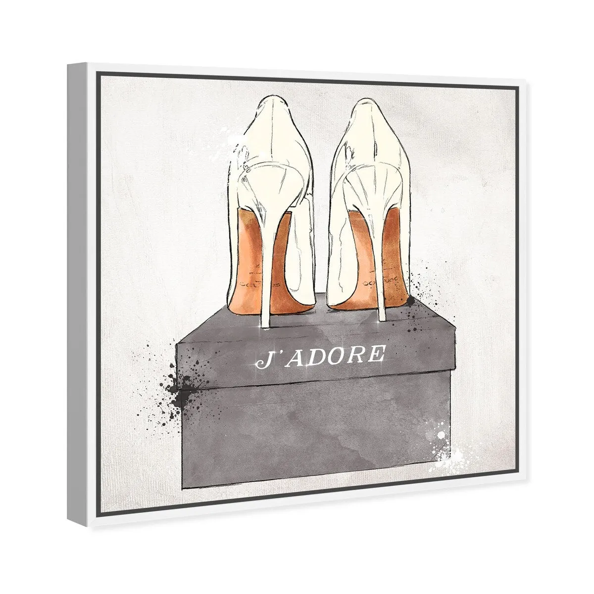 "J'Adore Shoes", Glam French Stilettos Modern White Framed Canvas Wall Art Print for Bedroom