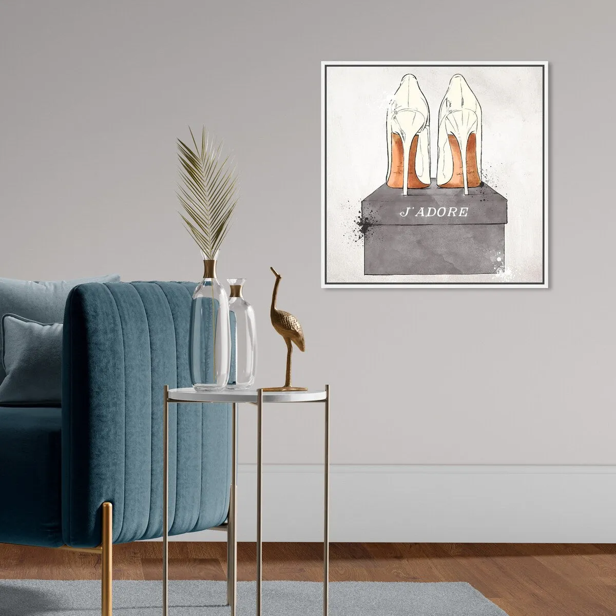 "J'Adore Shoes", Glam French Stilettos Modern White Framed Canvas Wall Art Print for Bedroom