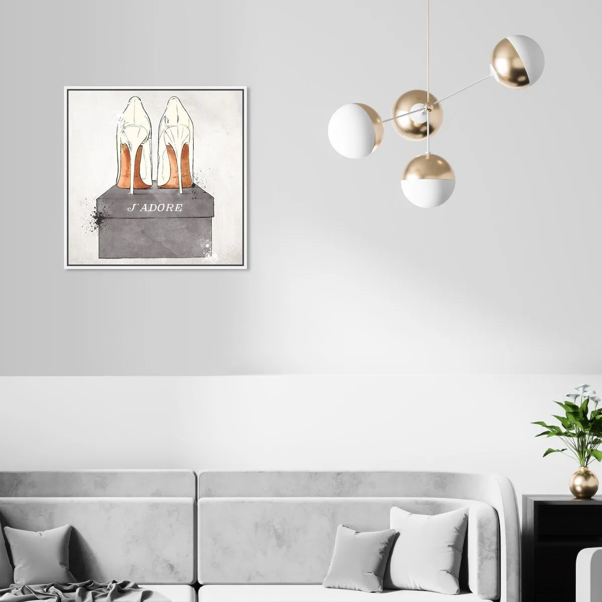 "J'Adore Shoes", Glam French Stilettos Modern White Framed Canvas Wall Art Print for Bedroom