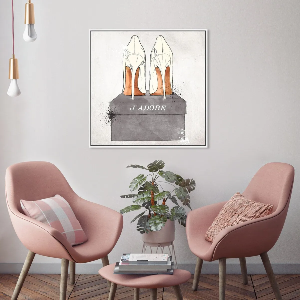 "J'Adore Shoes", Glam French Stilettos Modern White Framed Canvas Wall Art Print for Bedroom