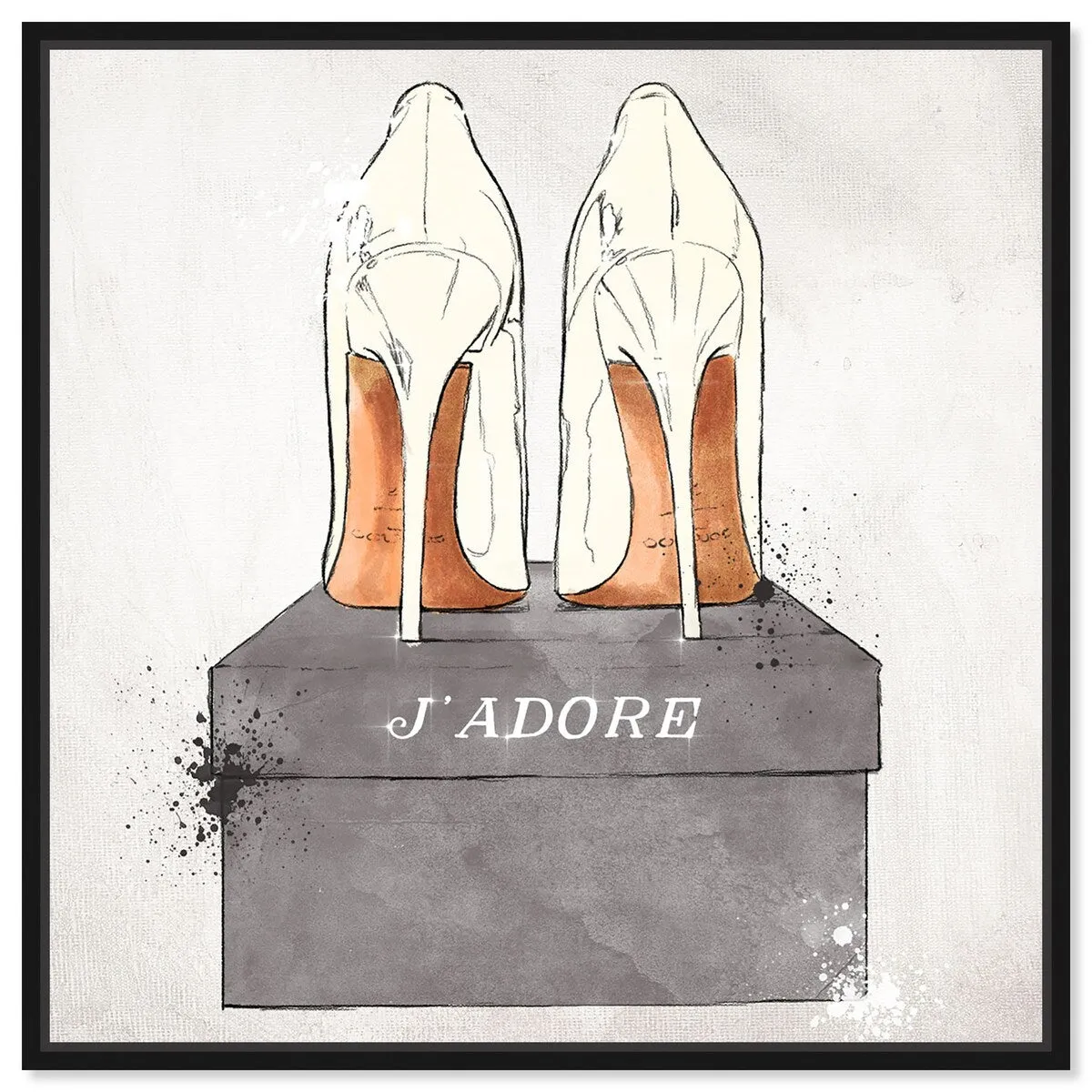"J'Adore Shoes", Glam French Stilettos Modern White Framed Canvas Wall Art Print for Bedroom