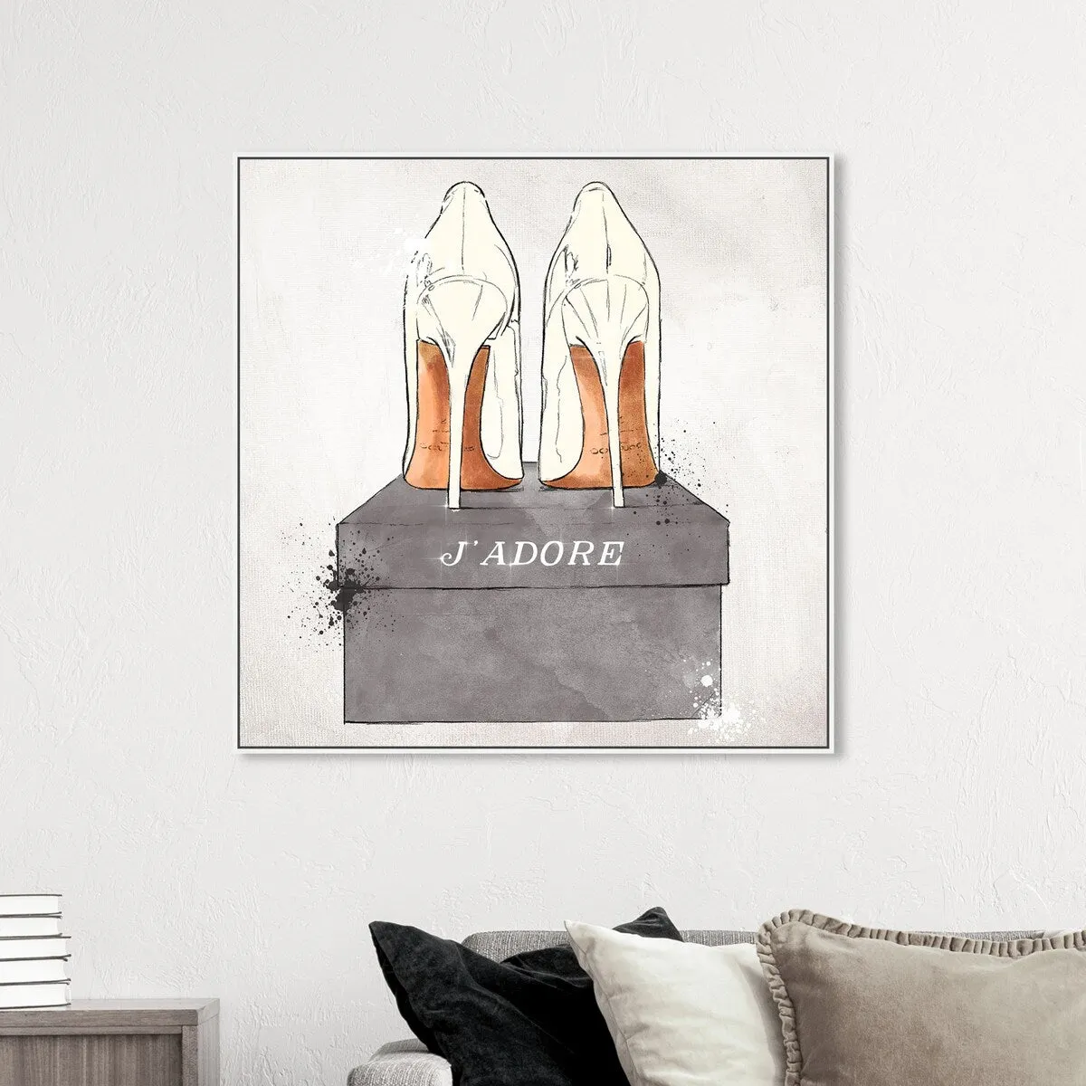 "J'Adore Shoes", Glam French Stilettos Modern White Framed Canvas Wall Art Print for Bedroom