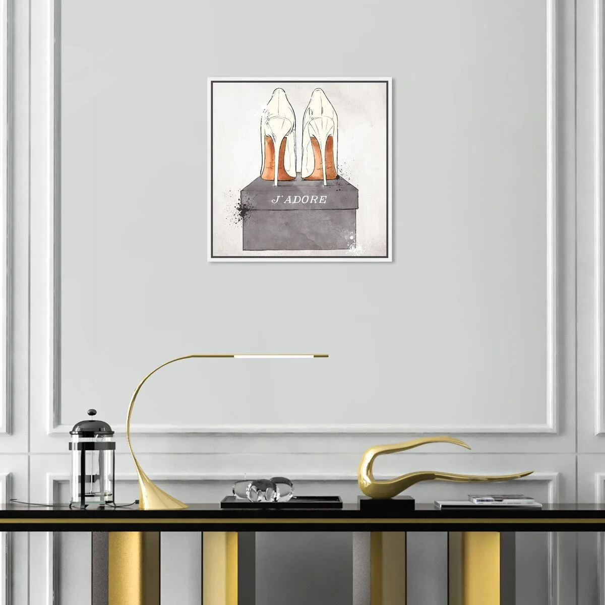 "J'Adore Shoes", Glam French Stilettos Modern White Framed Canvas Wall Art Print for Bedroom