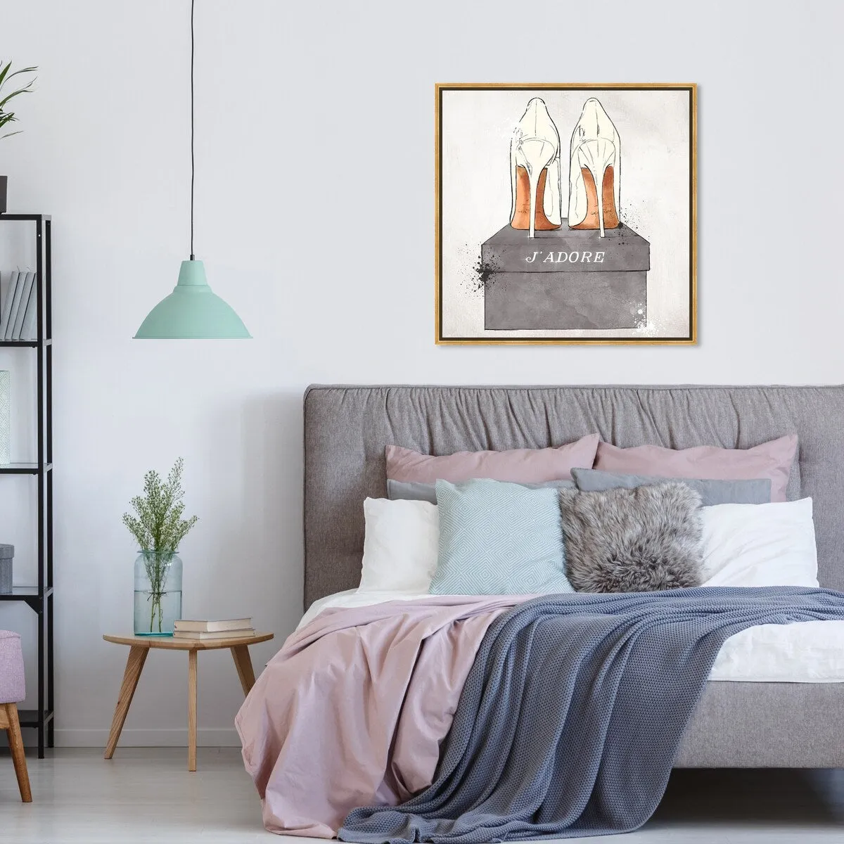 "J'Adore Shoes", Glam French Stilettos Modern White Framed Canvas Wall Art Print for Bedroom