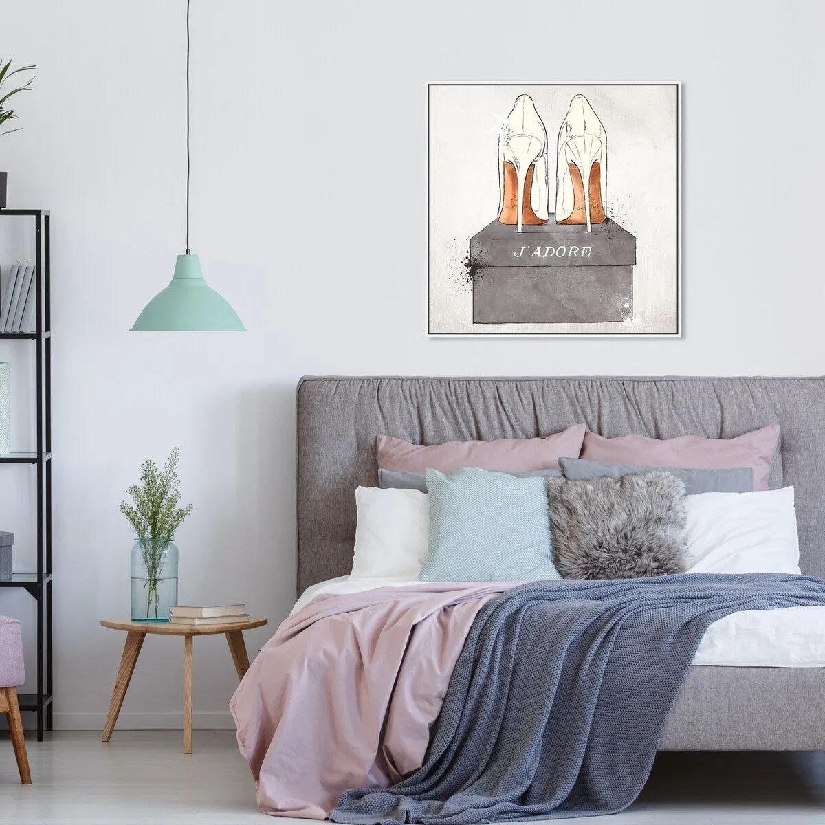 "J'Adore Shoes", Glam French Stilettos Modern White Framed Canvas Wall Art Print for Bedroom