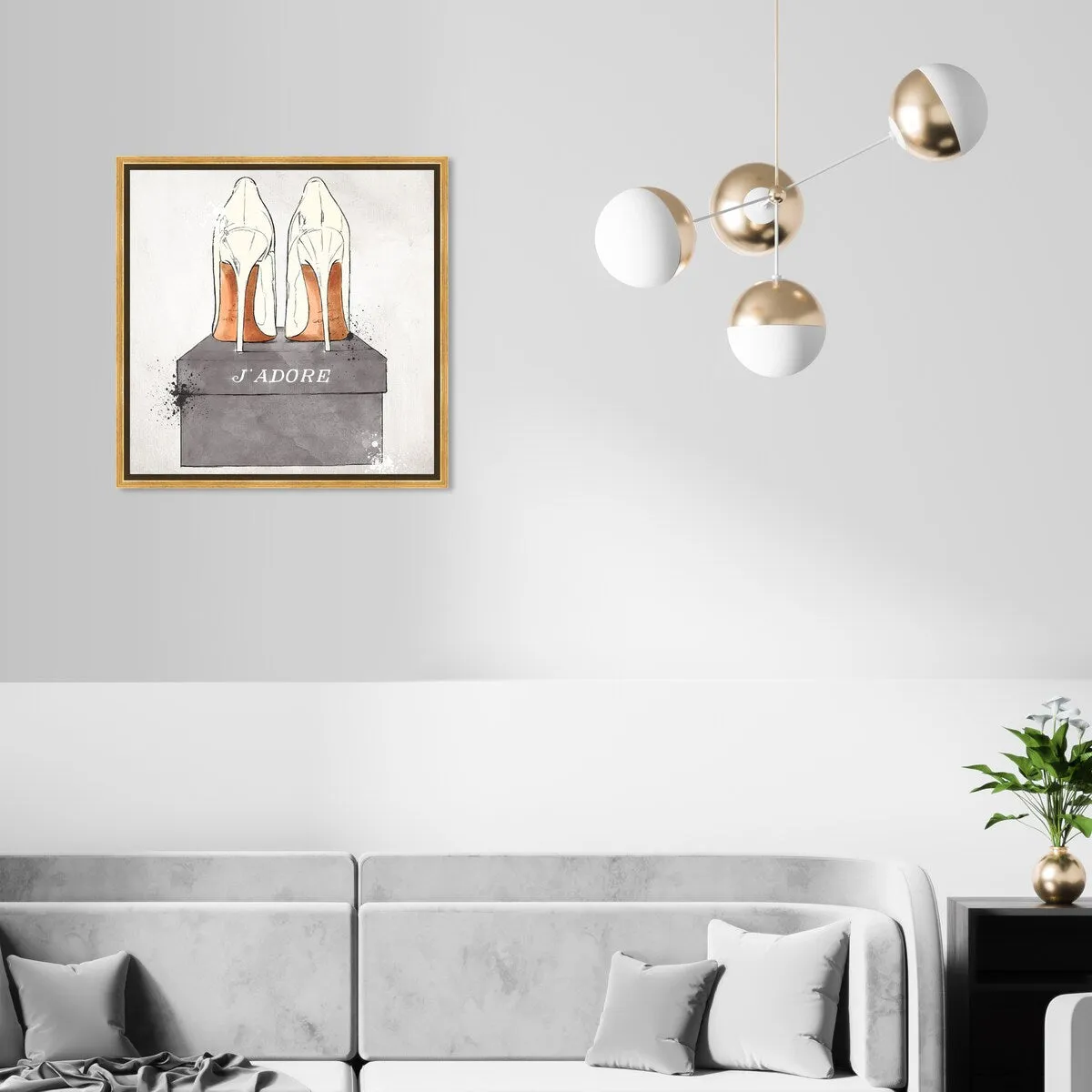 "J'Adore Shoes", Glam French Stilettos Modern White Framed Canvas Wall Art Print for Bedroom