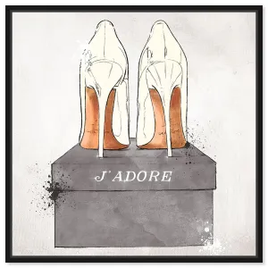 "J'Adore Shoes", Glam French Stilettos Modern White Framed Canvas Wall Art Print for Bedroom