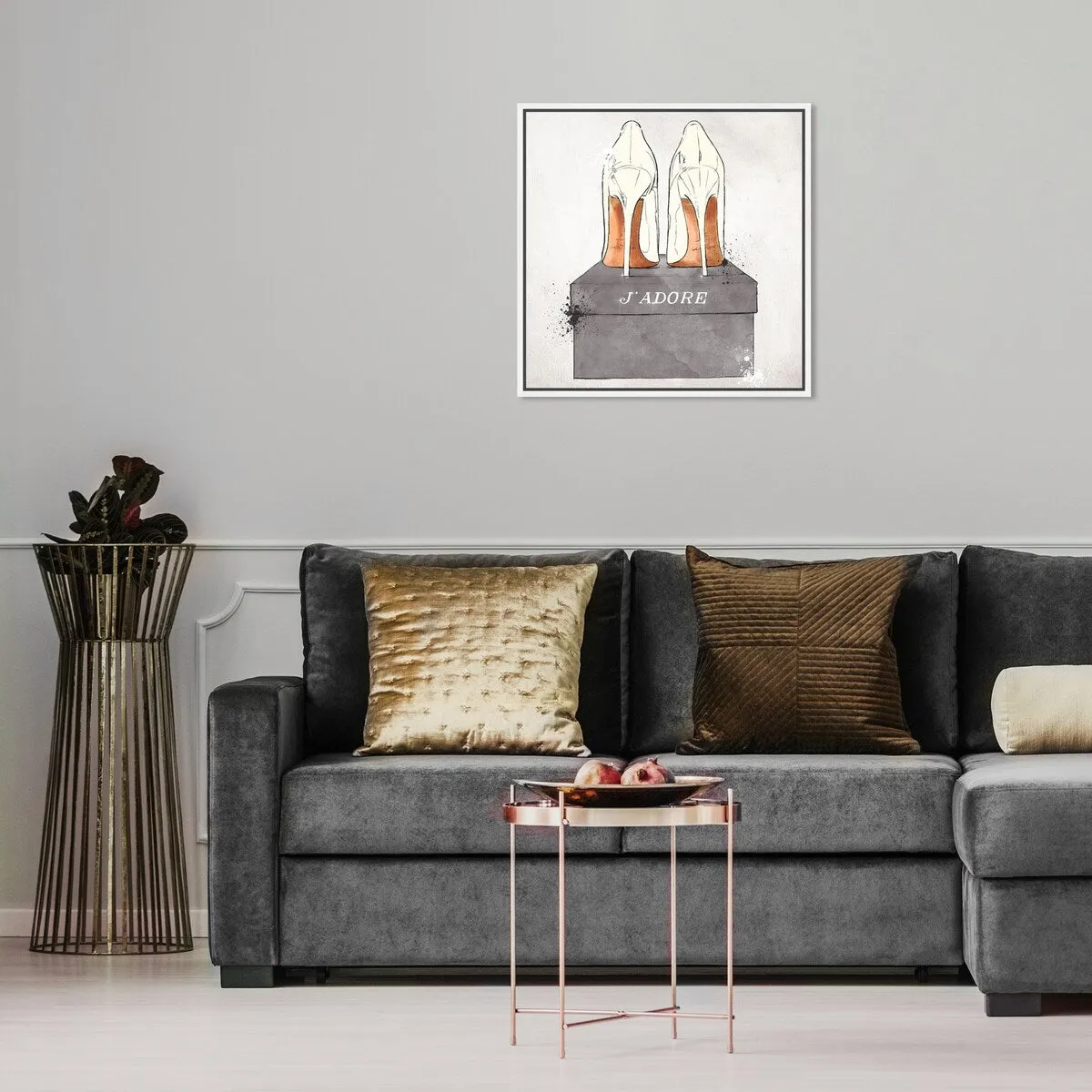 "J'Adore Shoes", Glam French Stilettos Modern White Framed Canvas Wall Art Print for Bedroom