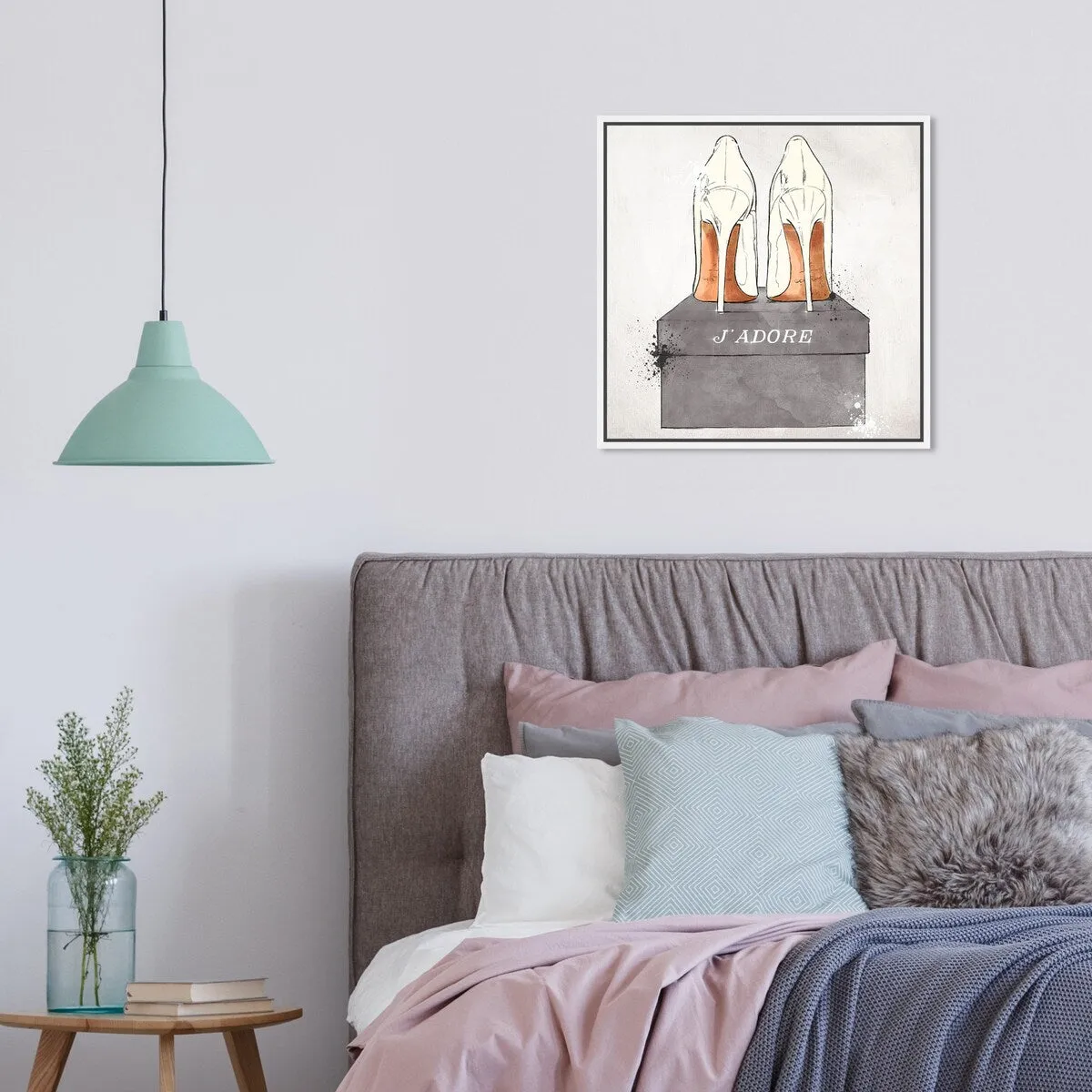"J'Adore Shoes", Glam French Stilettos Modern White Framed Canvas Wall Art Print for Bedroom