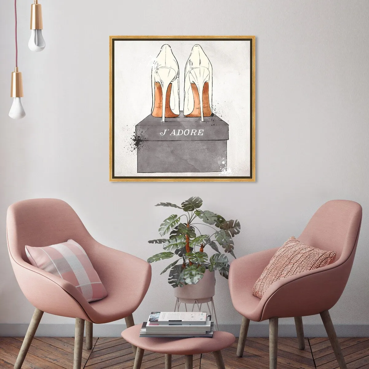 "J'Adore Shoes", Glam French Stilettos Modern White Framed Canvas Wall Art Print for Bedroom