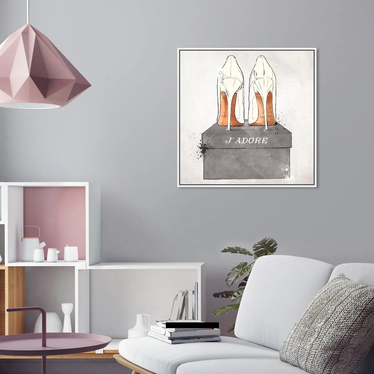 "J'Adore Shoes", Glam French Stilettos Modern White Framed Canvas Wall Art Print for Bedroom