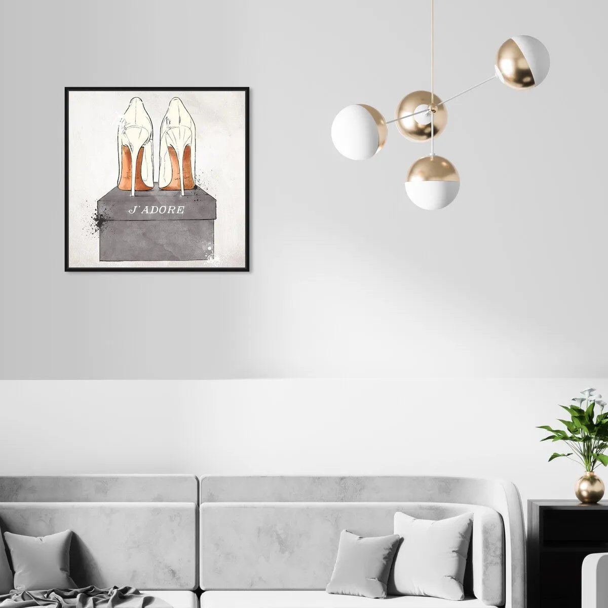 "J'Adore Shoes", Glam French Stilettos Modern White Framed Canvas Wall Art Print for Bedroom