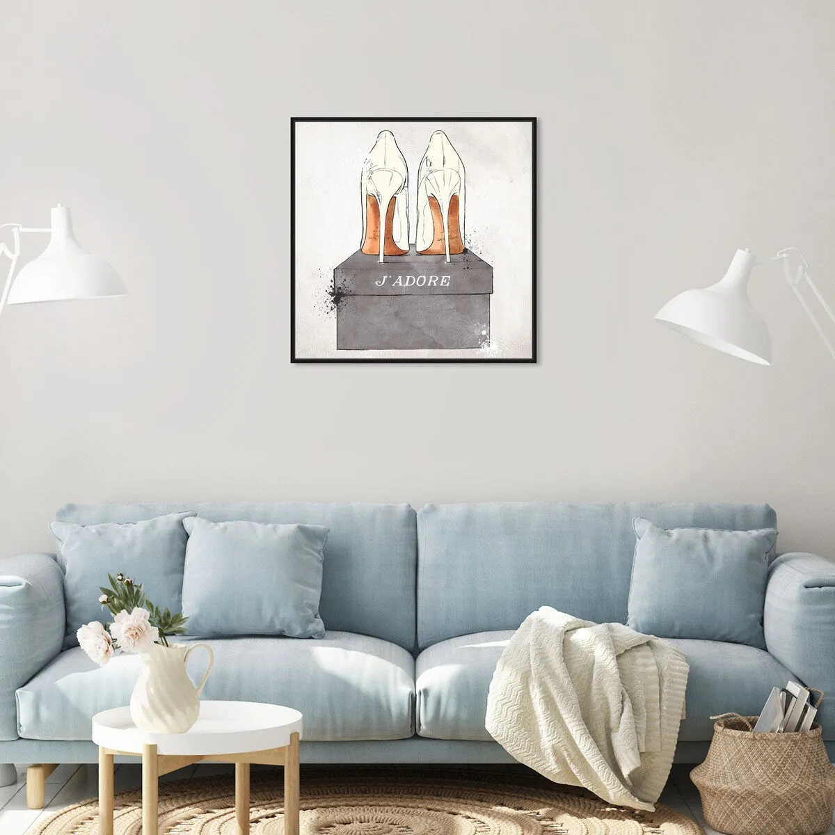 "J'Adore Shoes", Glam French Stilettos Modern White Framed Canvas Wall Art Print for Bedroom