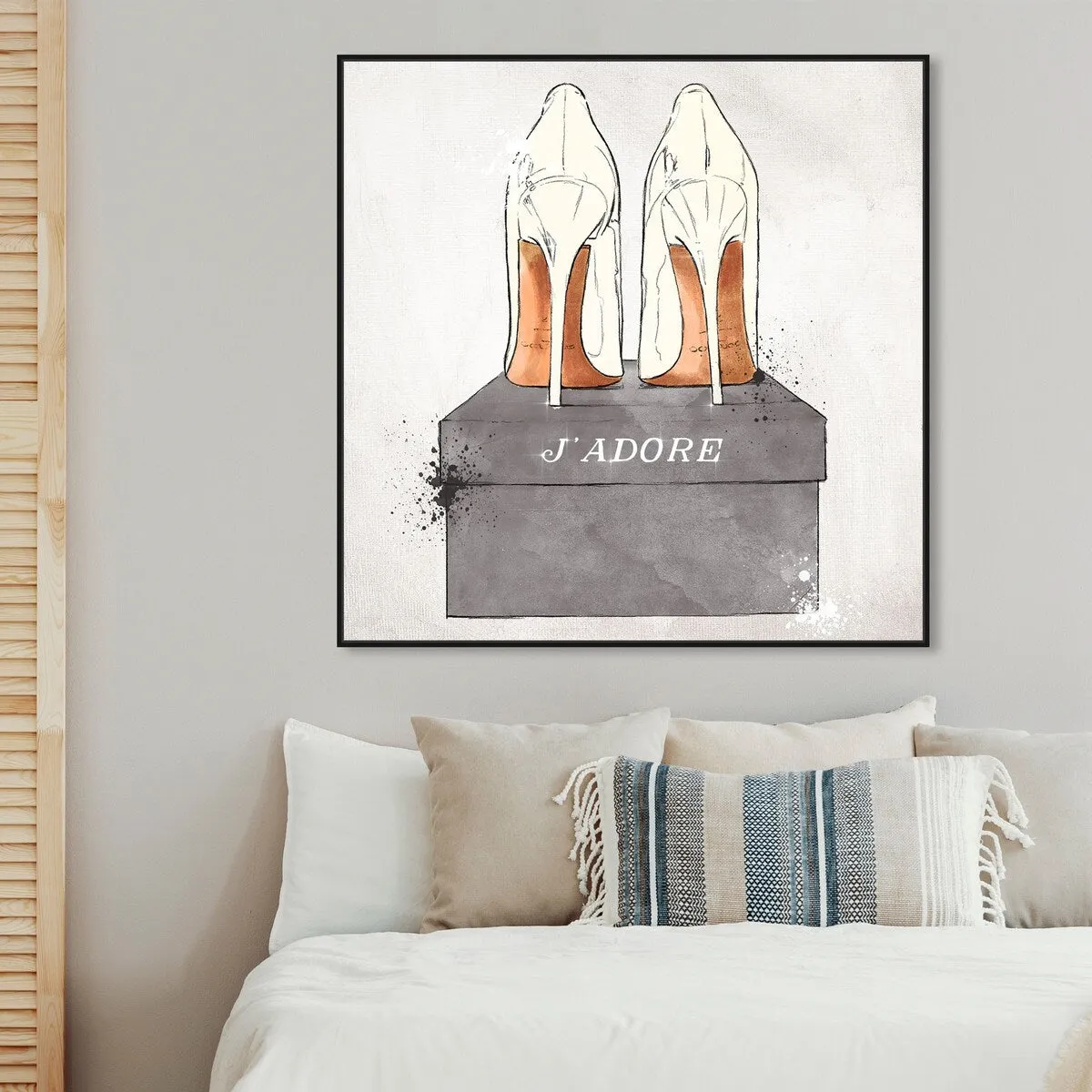 "J'Adore Shoes", Glam French Stilettos Modern White Framed Canvas Wall Art Print for Bedroom
