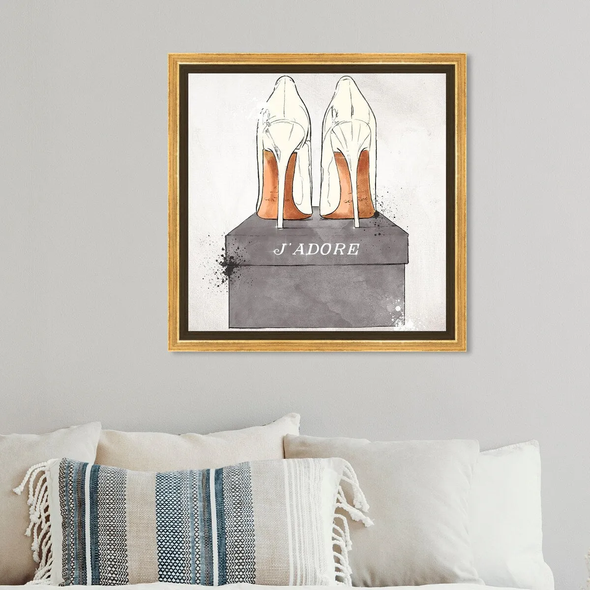 "J'Adore Shoes", Glam French Stilettos Modern White Framed Canvas Wall Art Print for Bedroom